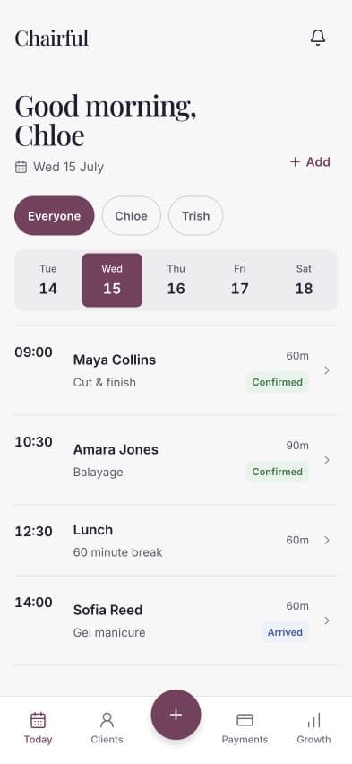 Chairful team diary with appointments and staff filters