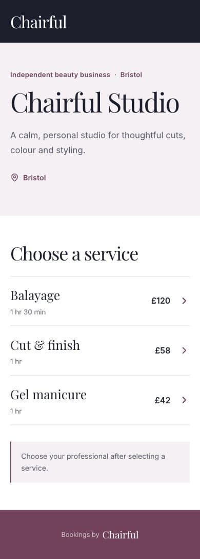 Chairful branded online booking profile with a service list
